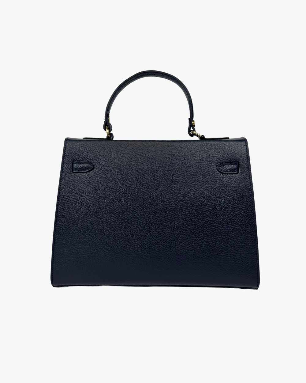 Vista trasera del bolso ICONIC 1984 BLUE, un bolso de cuero italiano azul con un diseño minimalista y refinado. La parte posterior lisa y bien estructurada resalta la calidad artesanal del cuero, mientras que su formato espacioso y elegante lo convierte en el complemento ideal para looks sofisticados y modernos.