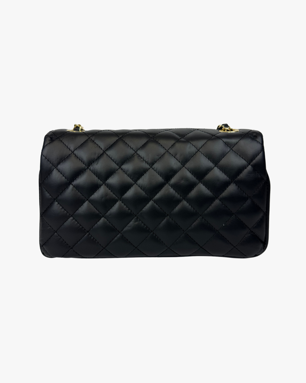 Parte trasera del bolso Juliette Black, con costuras en patrón de rombos y acabado acolchado de alta calidad. Un bolso de lujo para mujer con diseño estructurado y refinado.