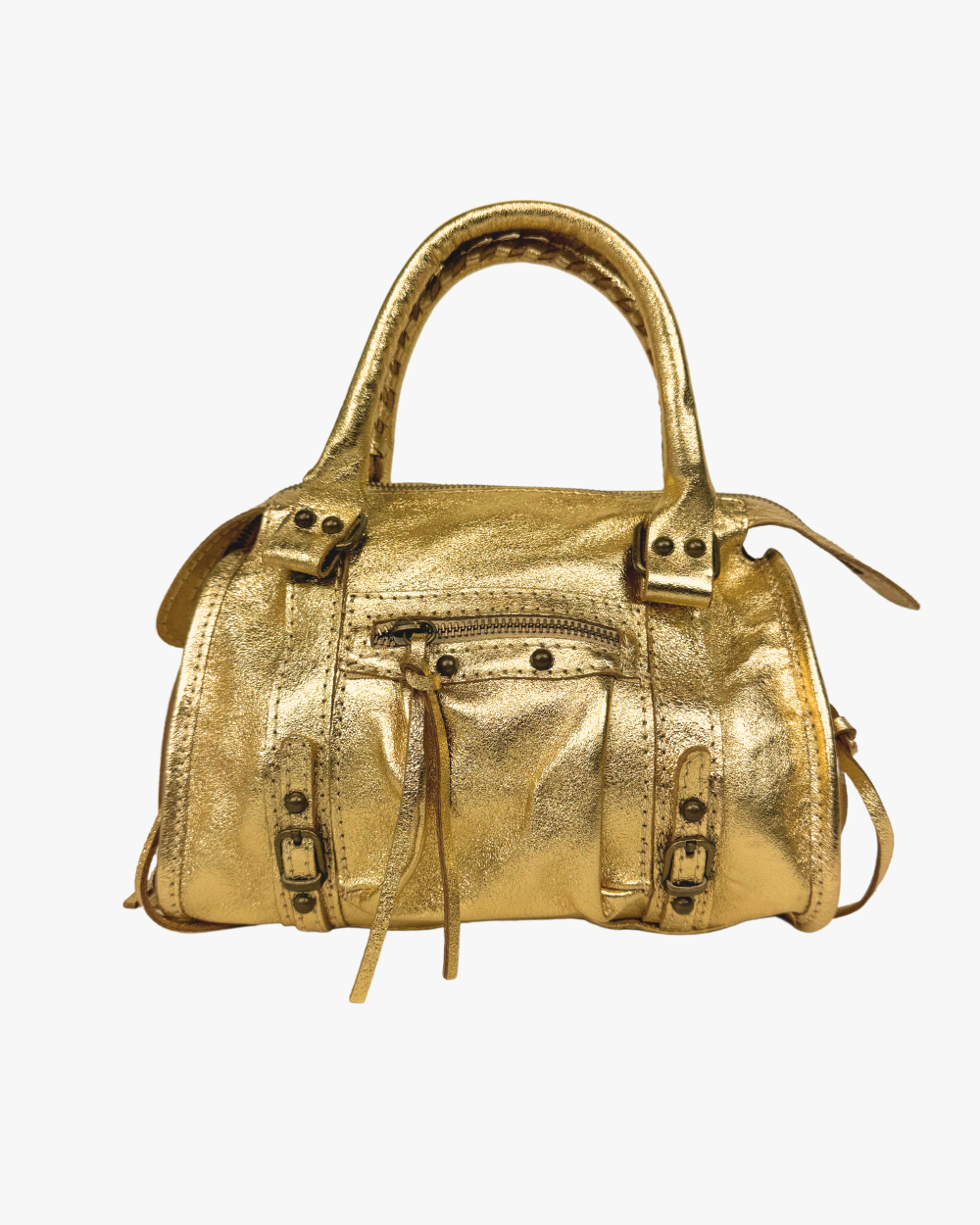 Vista frontal del Mini Bolso Stargirl Gold de Seis Doses, un bolso compacto de mujer estilo Balenciaga, con acabado dorado brillante y diseño elegante. Un accesorio ideal para destacar.