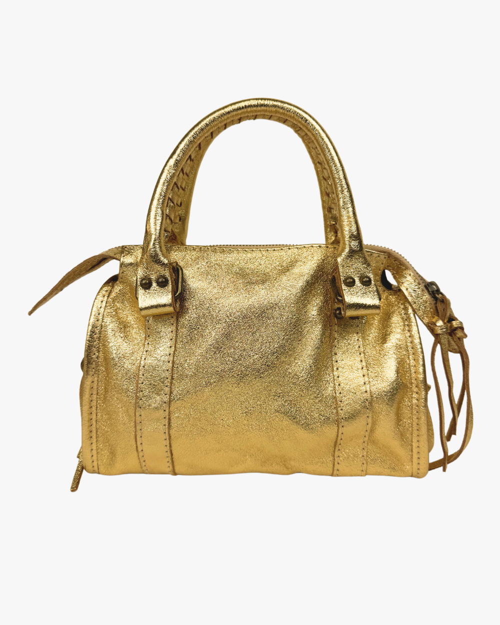 Parte trasera del Mini Bolso Stargirl Gold, con textura de cuero vegano dorado y costuras finas, ofreciendo un diseño sofisticado y llamativo.