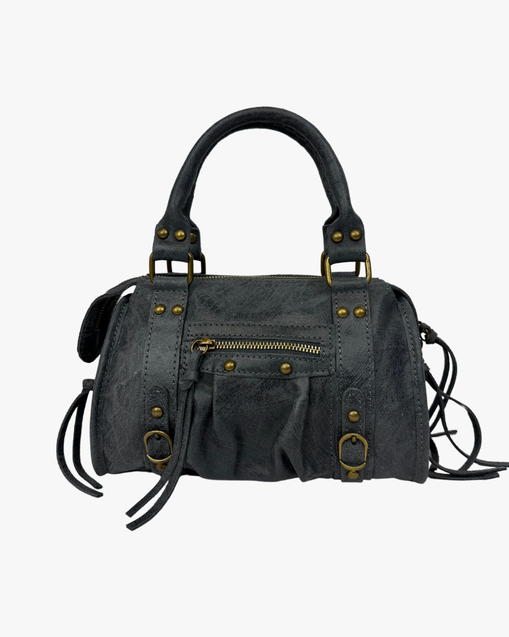 Vista frontal del Mini Bolso Stargirl Grey de Seis Doses, un bolso compacto de mujer estilo Balenciaga, con acabado en gris elegante y diseño estructurado. Ideal para looks sofisticados.