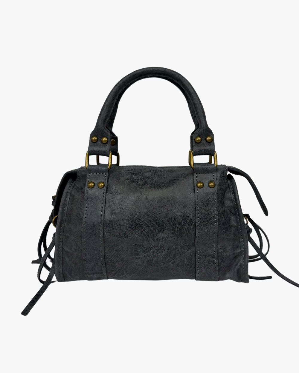 Parte trasera del Mini Bolso Stargirl Grey, resaltando su textura de cuero vegano y detalles metálicos plateados, perfectos para un look moderno y versátil.