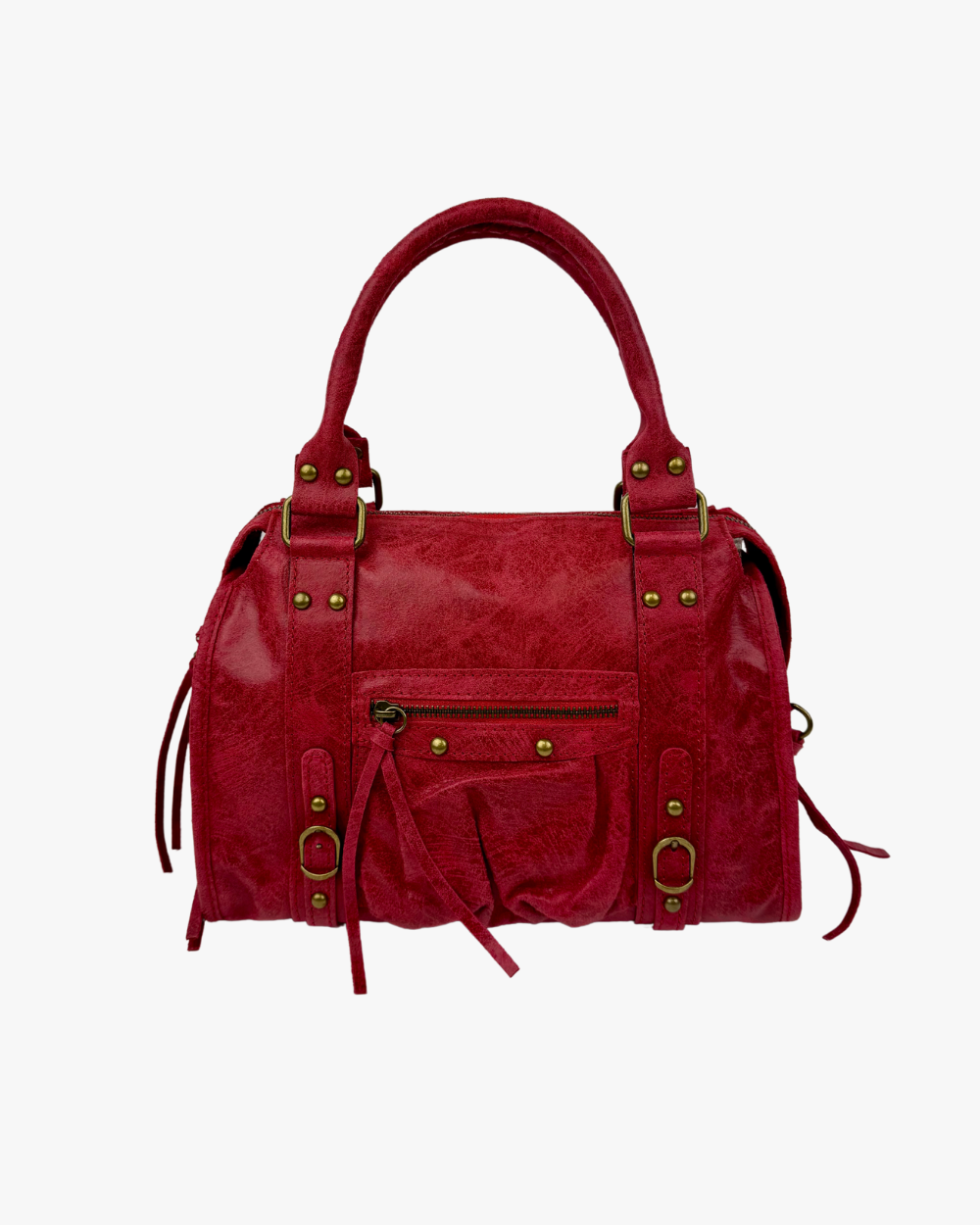 Vista frontal del bolso Stargirl Red de Seis Doses, un bolso rojo estilo Balenciaga para mujer, con asas estructuradas y detalles metálicos plateados. Un accesorio perfecto para un look sofisticado.