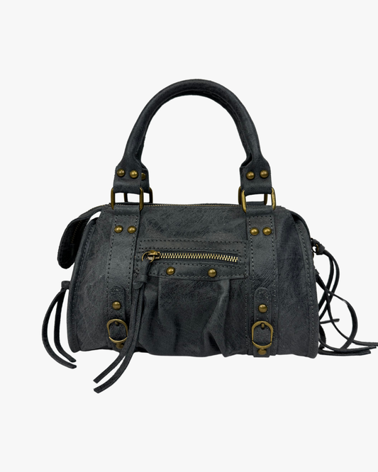 Vista frontal del Mini Bolso Stargirl Grey de Seis Doses, un bolso compacto de mujer estilo Balenciaga, con acabado en gris elegante y diseño estructurado. Ideal para looks sofisticados.